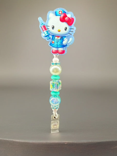 Nurse Kitty Badge Reel – Aqua Beaded ID Clip
