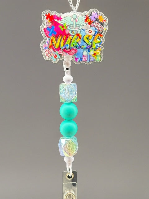 Colorful Nurse Life Badge Reel – Glitter Beaded ID Clip