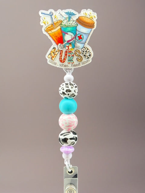 Caffeine & Scrubs Badge Reel – Teal Beaded Badge Clip