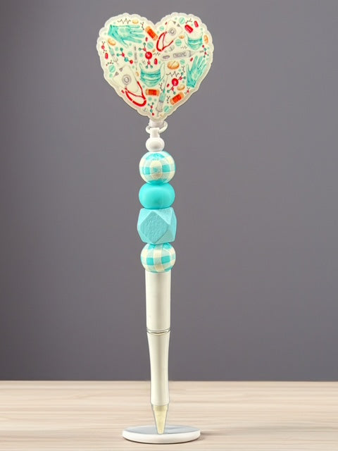 Scrubs Badge Reel with Attachable Pen – Beaded Workplace Accessory