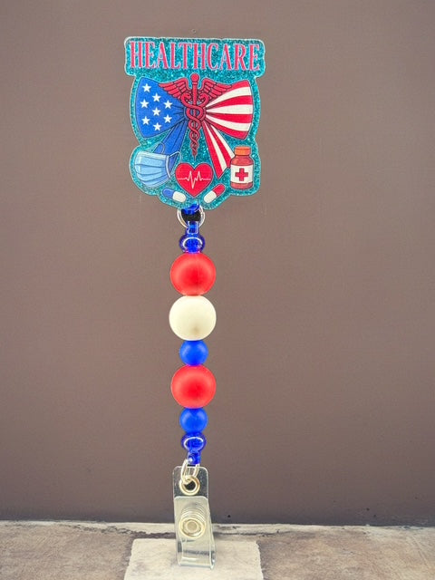 Healthcare Hero Badge Reel – Patriotic Beaded Holder