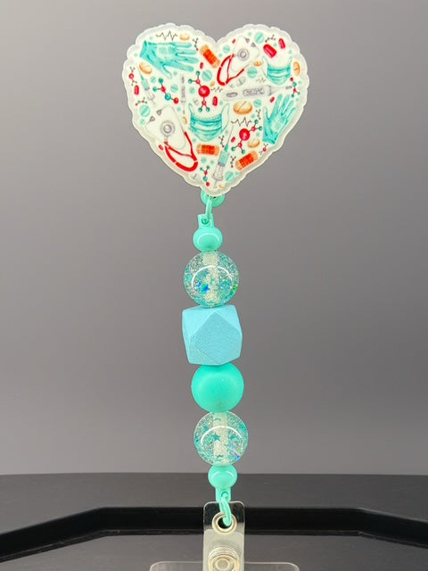 Medical Heart Badge Reel – Aqua Beaded Retractable Holder