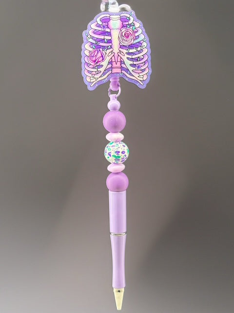 Purple Badge Reel with Attachable Pen – Beaded Workplace Accessory