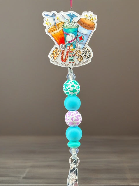 Caffeine & Scrubs Badge Reel – Teal Beaded Badge Clip