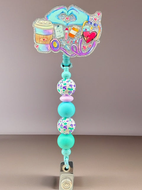 Nurse Essentials Badge Reel – Teal Beaded ID Clip
