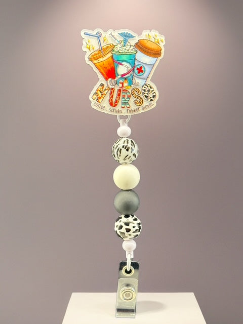 Caffeine & Scrubs Badge Reel – Teal Beaded Badge Clip