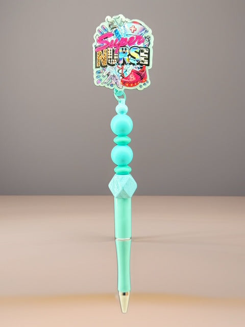 Nurse Badge Reel with Attachable Pen – Beaded Workplace Accessory