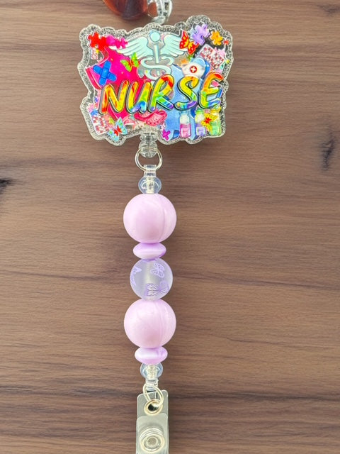Colorful Nurse Life Badge Reel – Glitter Beaded ID Clip