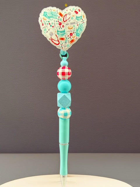 Scrub 2 Badge Reel with Attachable Pen – Beaded Workplace Accessory