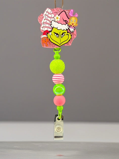 Grumpy Green Christmas Badge Reel – Festive Beaded Clip