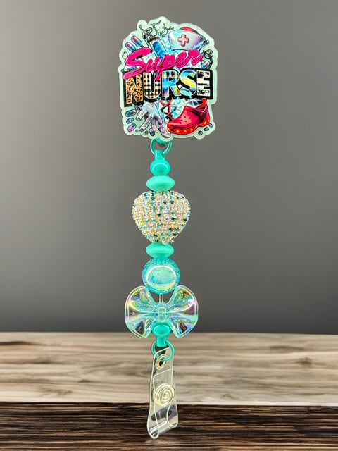 Super Nurse Beaded Badge Reel – Glitter & Teal ID Clip