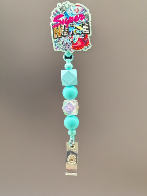 Super Nurse Beaded Badge Reel – Glitter & Teal ID Clip