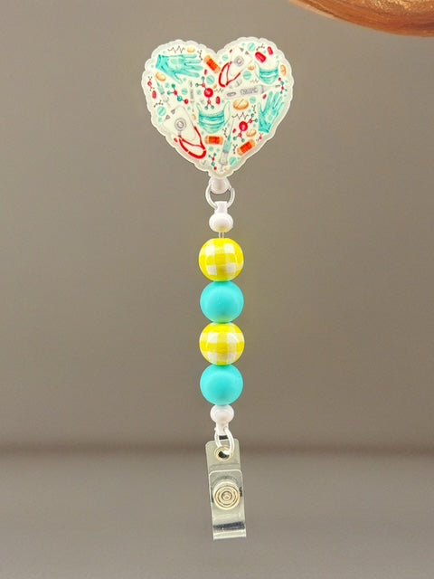 Medical Heart Badge Reel – Aqua Beaded Retractable Holder