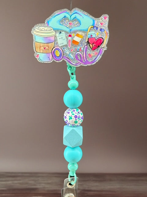 Nurse Essentials Badge Reel – Teal Beaded ID Clip