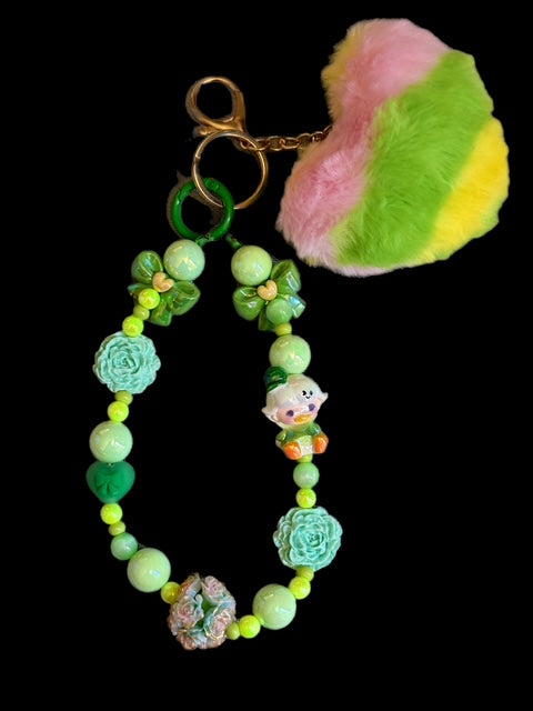 Garden Bloom Keychain – Green Floral Beads & Cute Character Charm