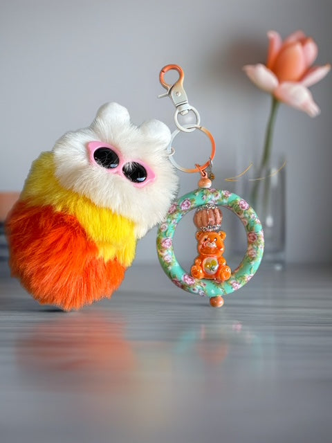 Bright Fuzzy Keychain with Floral Bear Charm