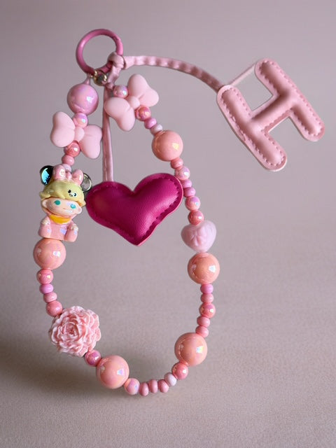 Pink Kawaii Character Heart Bloom Keychain